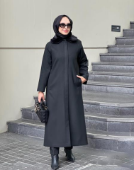 Yakası Kürklü 130 cm Büyük Beden Kaşe Kaban - Siyah 7621