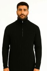 Uzun Kollu Dik Yakalı Yarım Fermuarlı Çizgi Detaylı  Rahat ve Sıcak Tutan Kumaşı İle Pamuk Karışımlı Erkek Triko Kazak 93108 SİYAH