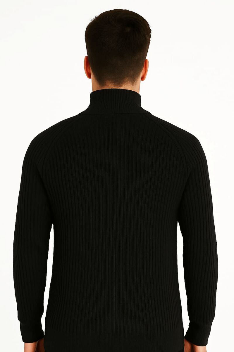 Uzun Kollu Dik Yakalı Yarım Fermuarlı Çizgi Detaylı  Rahat ve Sıcak Tutan Kumaşı İle Pamuk Karışımlı Erkek Triko Kazak 93108 SİYAH