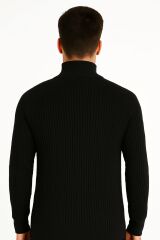 Uzun Kollu Dik Yakalı Yarım Fermuarlı Çizgi Detaylı  Rahat ve Sıcak Tutan Kumaşı İle Pamuk Karışımlı Erkek Triko Kazak 93108 SİYAH