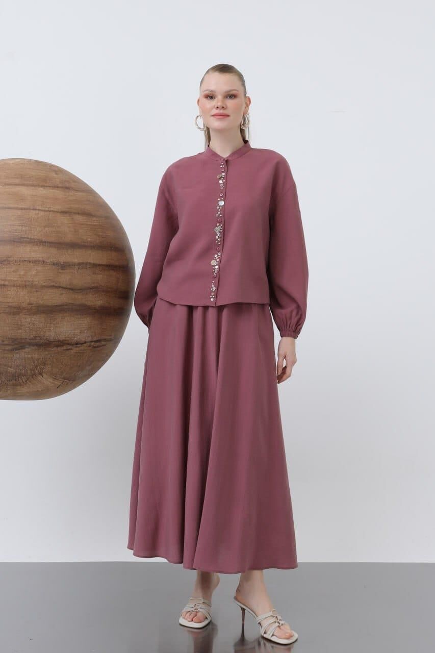 Bayan Pat Kısmı Deniz Kabuğu İşlemeli Bebe Yaka Etekli Takım 14308