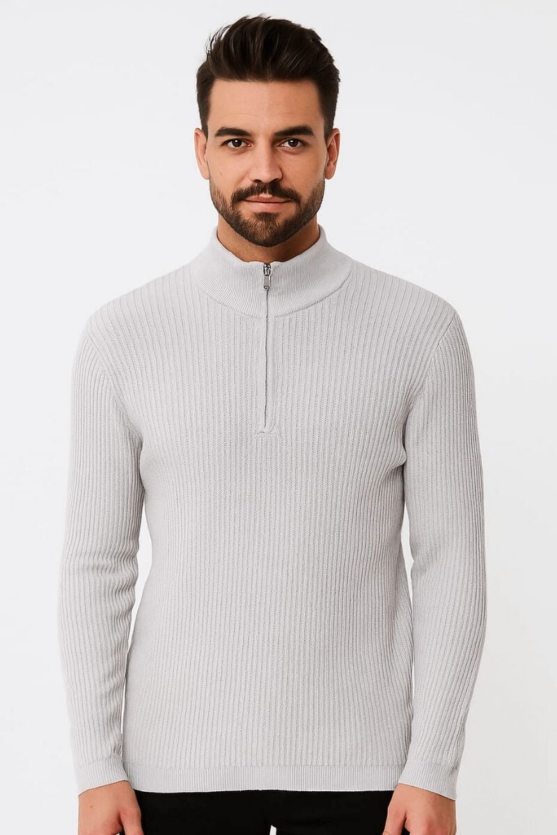 Uzun Kollu Dik Yakalı Yarım Fermuarlı Çizgi Detaylı  Rahat ve Sıcak Tutan Kumaşı İle Pamuk Karışımlı Erkek Triko Kazak 93108 AÇIK GRİ