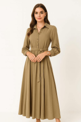 Kadın Kuşaklı Düğme Detaylı Hakim Yaka Elbise - 20688ELB