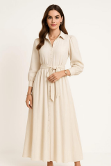 Kadın Kuşaklı Düğme Detaylı Hakim Yaka Elbise - 20688ELB