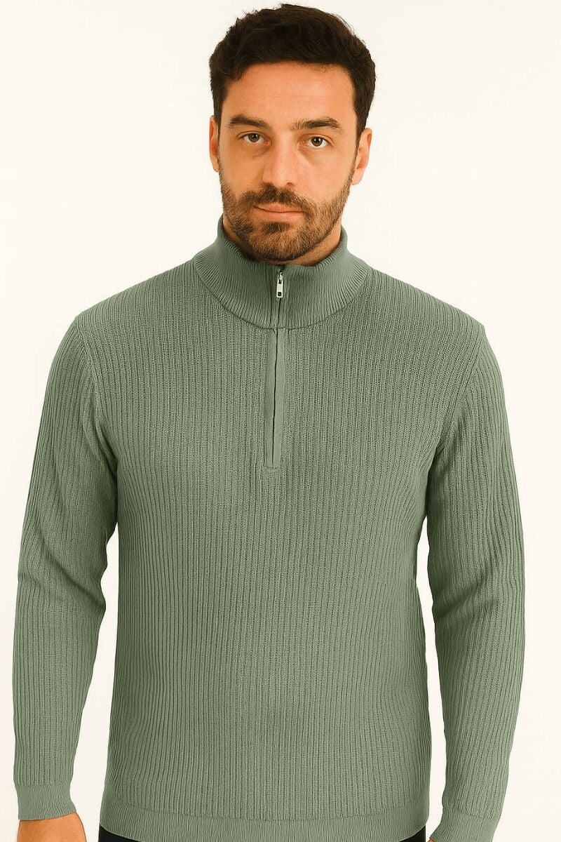 Uzun Kollu Dik Yakalı Yarım Fermuarlı Çizgi Detaylı  Rahat ve Sıcak Tutan Kumaşı İle Pamuk Karışımlı Erkek Triko Kazak 93108 YEŞİL