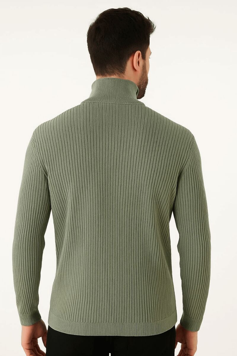 Uzun Kollu Dik Yakalı Yarım Fermuarlı Çizgi Detaylı  Rahat ve Sıcak Tutan Kumaşı İle Pamuk Karışımlı Erkek Triko Kazak 93108 YEŞİL