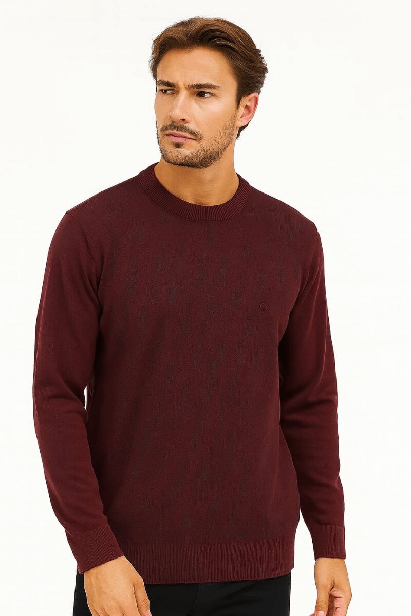 Erkek Triko Kazak Bisiklet Yaka Uzun Kollu Pamuk Karışımlı Slim Fit Vücuda Oturan Şık Kışlık Kazak 5111 BORDO