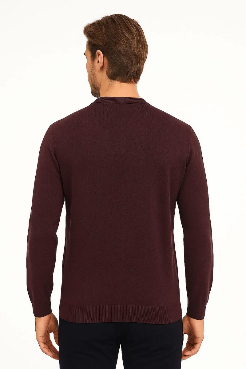 Erkek Triko Kazak Bisiklet Yaka Uzun Kollu Pamuk Karışımlı Slim Fit Vücuda Oturan Şık Kışlık Kazak 5111 BORDO