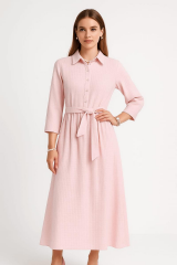 Yarım Düğmeli Beli Bağlamalı Çizgili Elbise -Pudra
