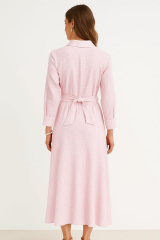 Yarım Düğmeli Beli Bağlamalı Çizgili Elbise -Pudra