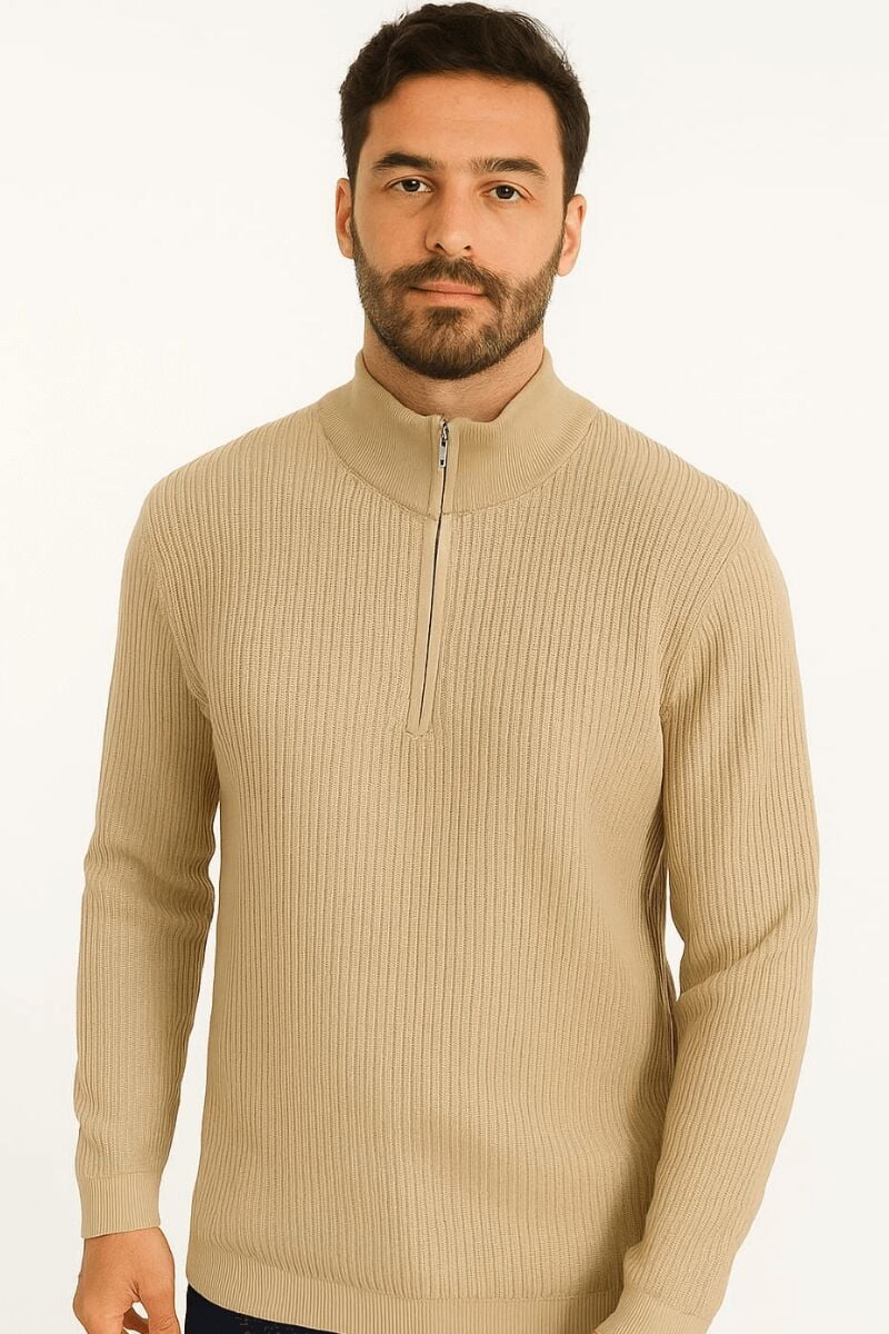 Uzun Kollu Dik Yakalı Yarım Fermuarlı Çizgi Detaylı  Rahat ve Sıcak Tutan Kumaşı İle Pamuk Karışımlı Erkek Triko Kazak 93108 VİZON