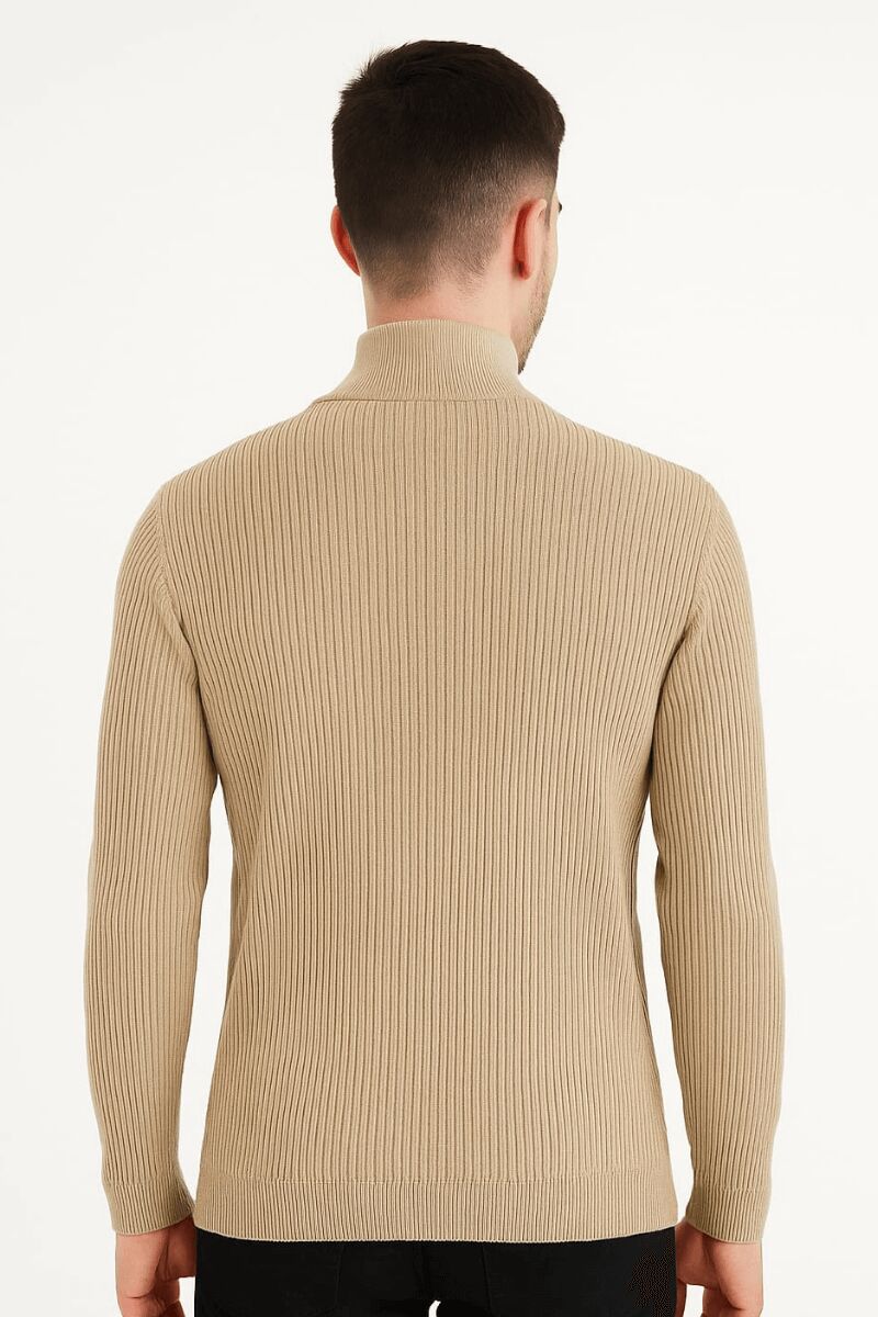 Uzun Kollu Dik Yakalı Yarım Fermuarlı Çizgi Detaylı  Rahat ve Sıcak Tutan Kumaşı İle Pamuk Karışımlı Erkek Triko Kazak 93108 VİZON