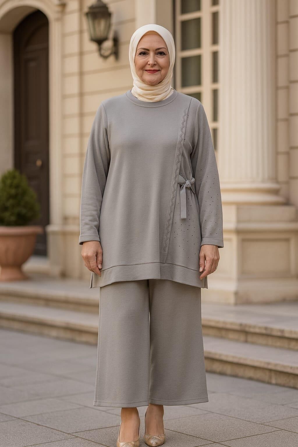 Irk Elisa Bayan Takım Geniş Paçalı Taş Detaylı Pantolon Enek ve Dökümlü Kumaş B05742