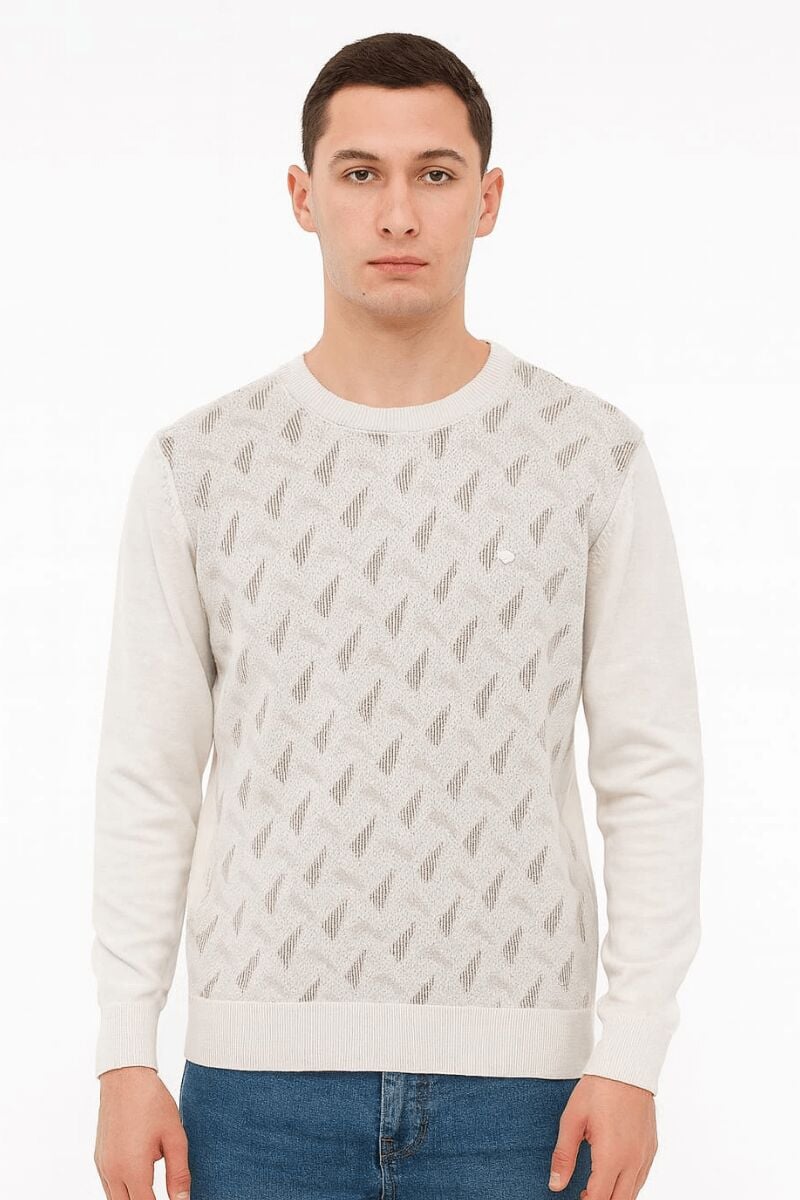 Erkek Triko Kazak Bisiklet Yaka Uzun Kollu Pamuk Karışımlı Slim Fit Vücuda Oturan Şık Kışlık Kazak 5111 EKRU