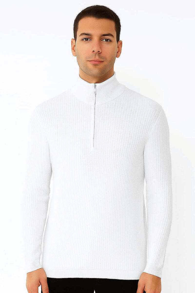 Uzun Kollu Dik Yakalı Yarım Fermuarlı Çizgi Detaylı  Rahat ve Sıcak Tutan Kumaşı İle Pamuk Karışımlı Erkek Triko Kazak 93108 EKRU