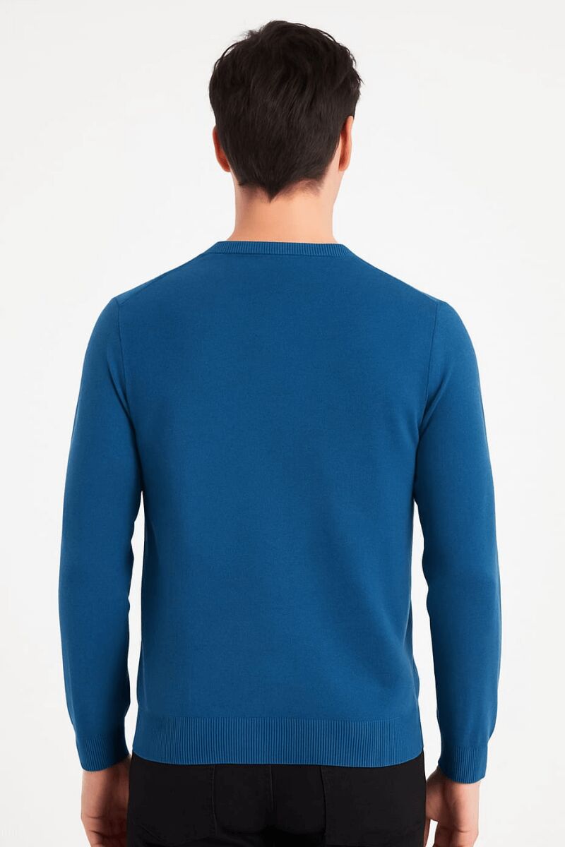 Erkek Triko Kazak Bisiklet Yaka Uzun Kollu Pamuk Karışımlı Slim Fit Vücuda Oturan Şık Kışlık Kazak 5111 İNDİGO