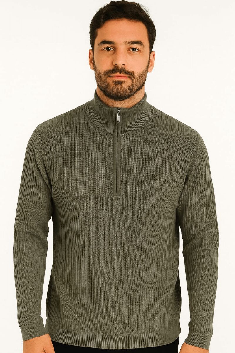 Uzun Kollu Dik Yakalı Yarım Fermuarlı Çizgi Detaylı  Rahat ve Sıcak Tutan Kumaşı İle Pamuk Karışımlı Erkek Triko Kazak 93108 HAKİ