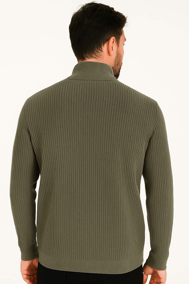 Uzun Kollu Dik Yakalı Yarım Fermuarlı Çizgi Detaylı  Rahat ve Sıcak Tutan Kumaşı İle Pamuk Karışımlı Erkek Triko Kazak 93108 HAKİ