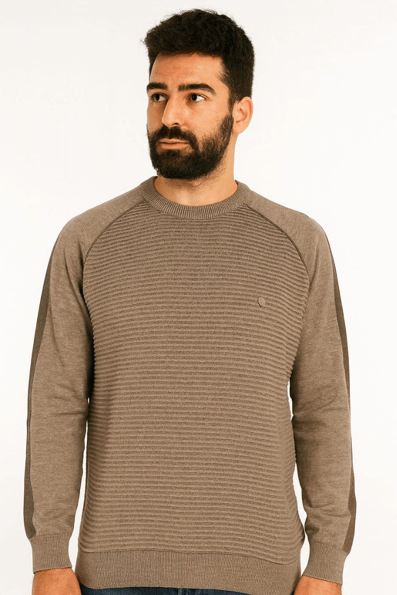 Erkek Triko Kazak Uzun Kollu Çizgi Detaylı Pamuk Akrilik Karışımlı Regular Fit Sıcak Şık Günlük Kazak 5118 BEJ