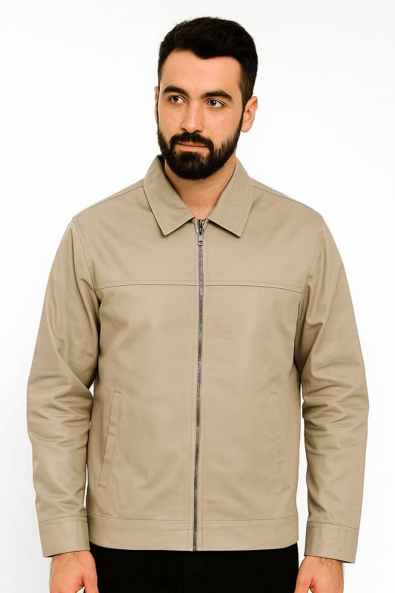 Uzun Kollu Yandan Cepli Fermuarlı Pamuk Karışımlı Mevsimlik Ceket 94089 BEJ