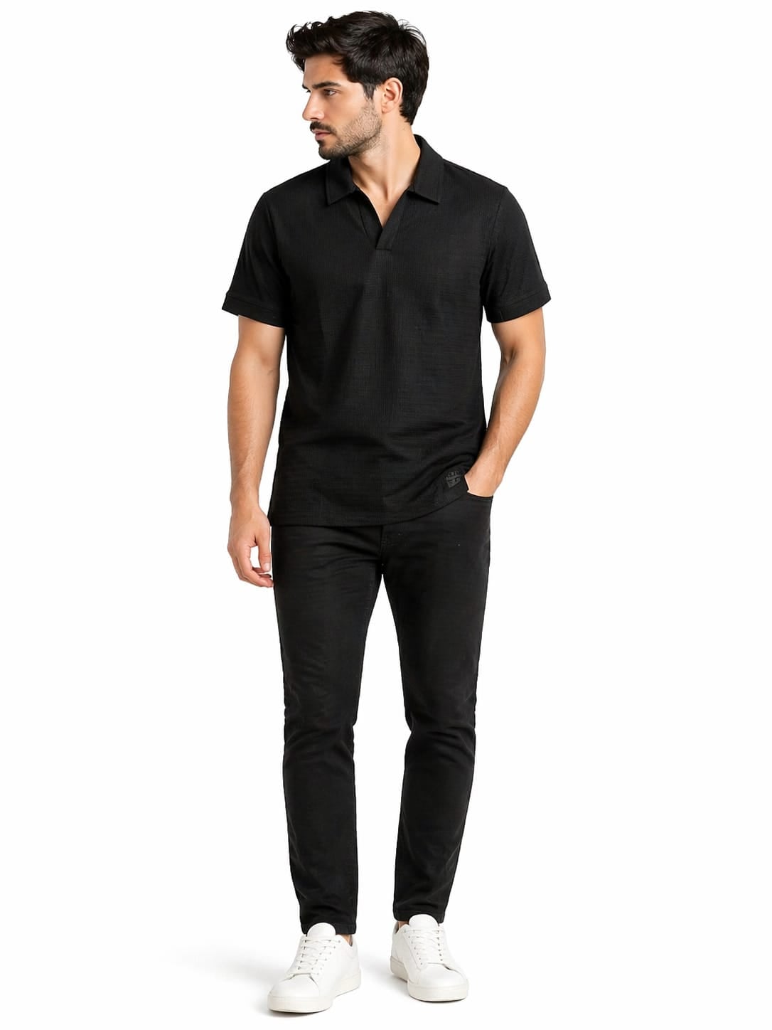 Erkek Waffle Polo Yaka Tişört 21-1521 SİYAH SİYAH - XXL