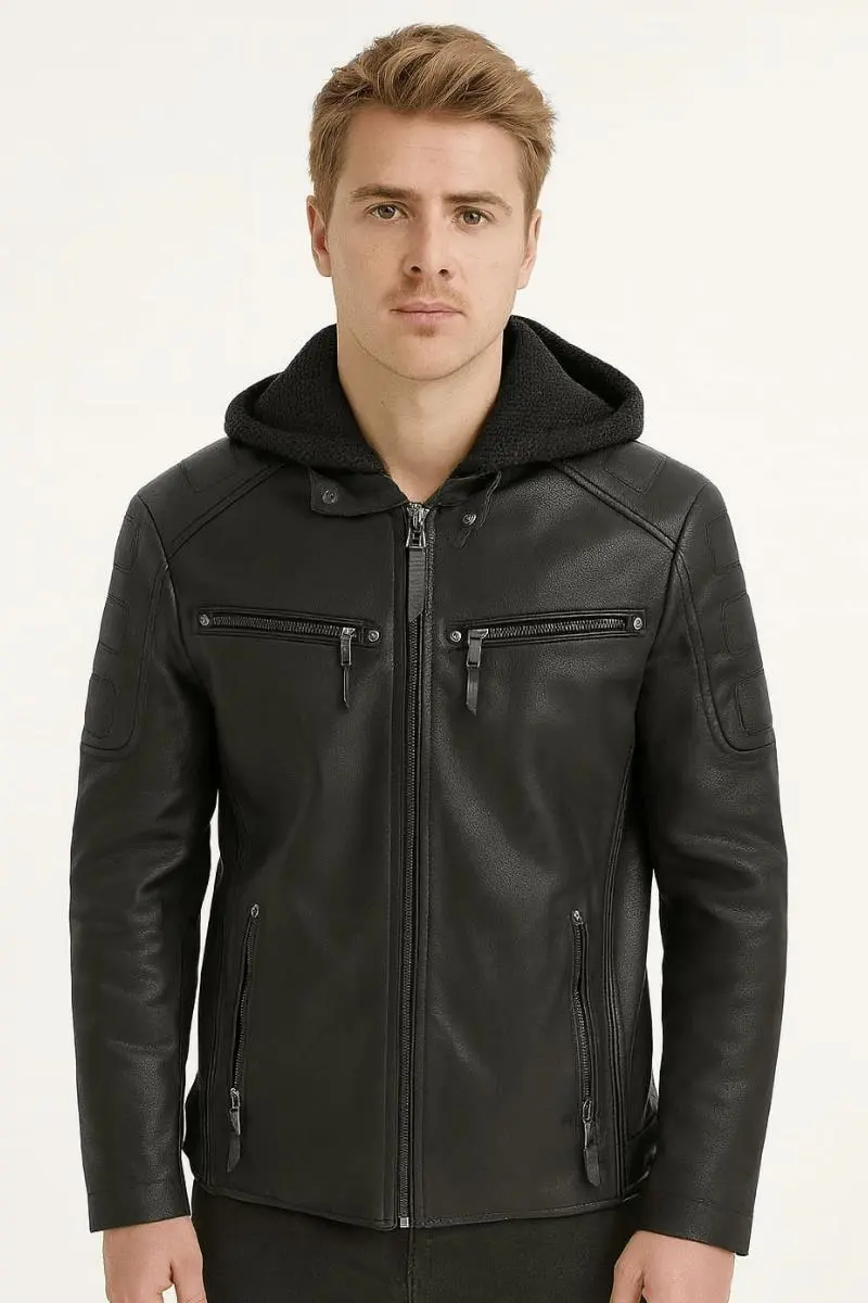 Yandan Cepli Femuarlı Kapşonlı İçi Pamuklu Aron Siyah Erkek Deri Ceket