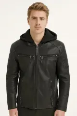 Yandan Cepli Femuarlı Kapşonlı İçi Pamuklu Aron Siyah Erkek Deri Ceket