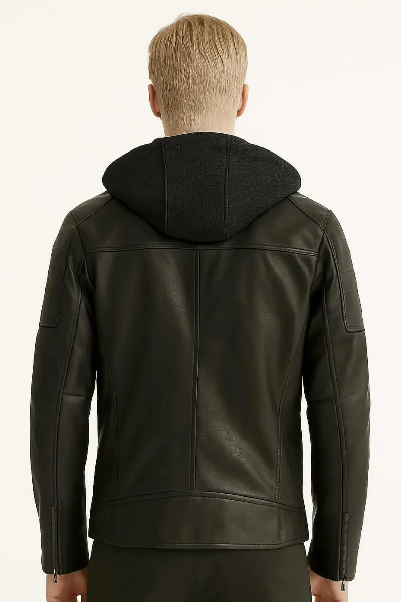 Yandan Cepli Femuarlı Kapşonlı İçi Pamuklu Aron Siyah Erkek Deri Ceket