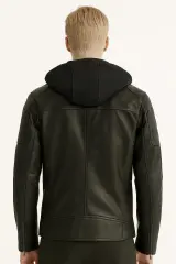 Yandan Cepli Femuarlı Kapşonlı İçi Pamuklu Aron Siyah Erkek Deri Ceket