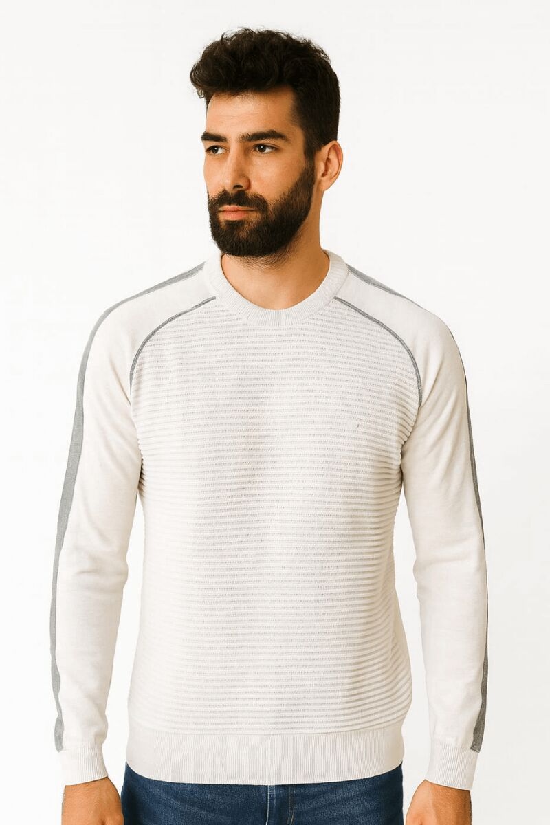 Erkek Triko Kazak Uzun Kollu Çizgi Detaylı Pamuk Akrilik Karışımlı Regular Fit Sıcak Şık Günlük Kazak 5118 EKRU
