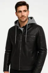 Uzun Kollu Yandan Cepli Kapşunlu Fermuarlı  İçi Pamuklu İç Cepli Erkek Siyah Deri Ceket  Deri Ceket 94051