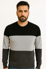 Erkek Bisiklet Yaka Triko Kazak Pamuk Karışımlı Yatay Desenli Regular Fit Günlük Şık Kazak 93101 GRİ