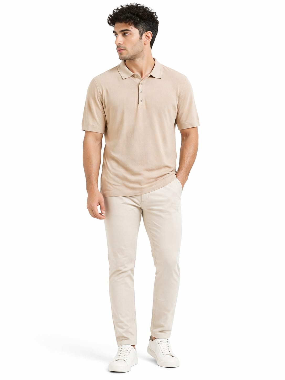 Erkek Triko Tişört Desenli Polo Yaka Cottonel  51-1229 BEJ