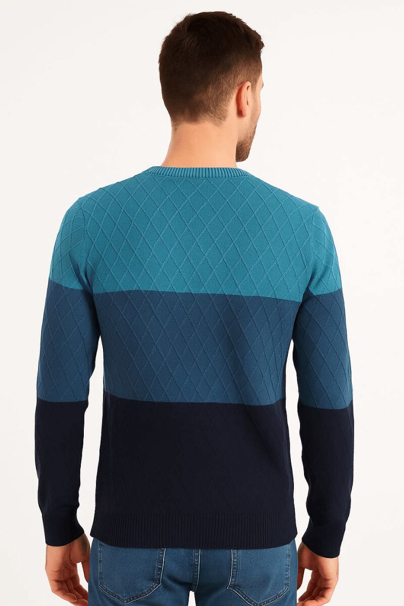 Erkek Bisiklet Yaka Triko Kazak Pamuk Karışımlı Yatay Desenli Regular Fit Günlük Şık Kazak 93101 MAVİ