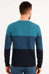 Erkek Bisiklet Yaka Triko Kazak Pamuk Karışımlı Yatay Desenli Regular Fit Günlük Şık Kazak 93101 MAVİ