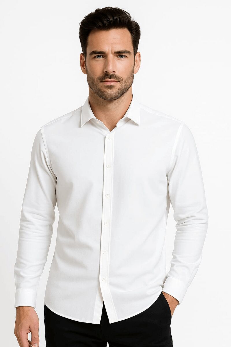 Erkek Uzun Kollu Gömlek Pamuk Karışımlı Düğmeli Regular Fit Kalın Kumaş Rahat Şık Günlük Gömlek 96102 BEYAZ