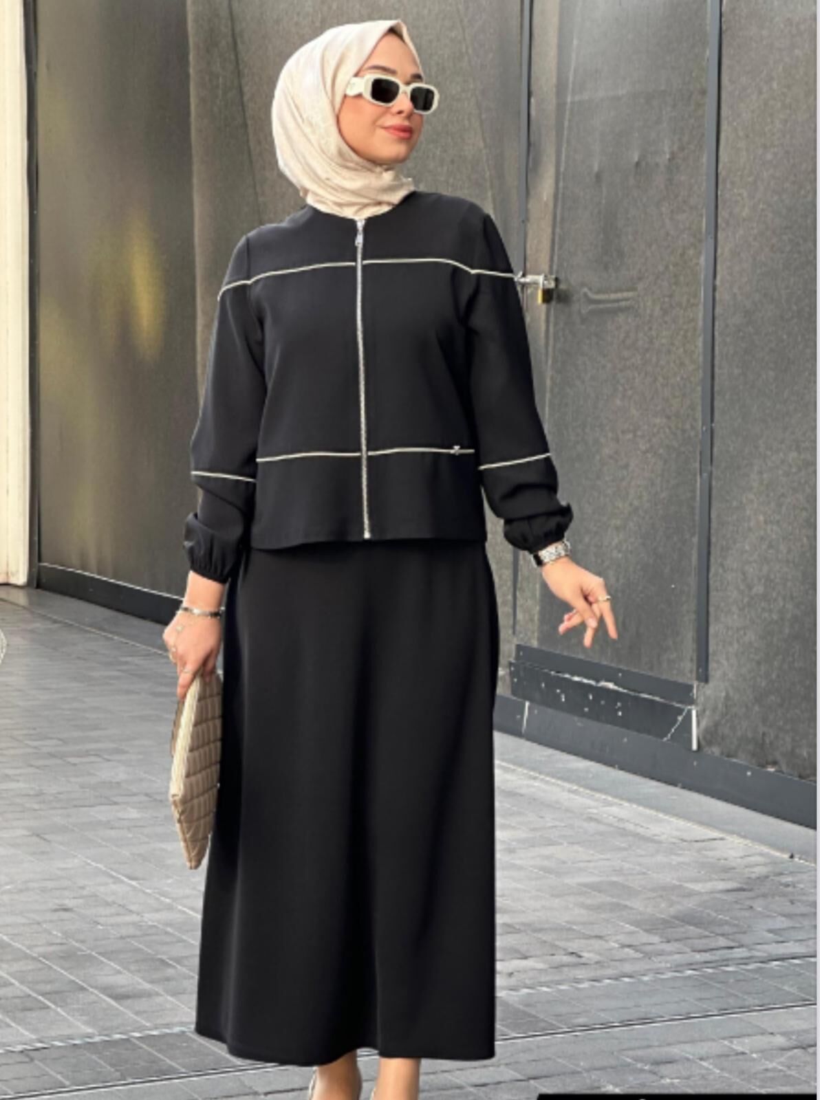 Fermuarlı Ceket Çizgi Biyeli Etekli Bayan Takım 8168