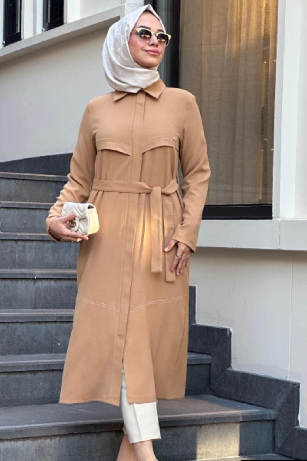 Bayan Uzun Fermuarlı Kuşaklı Yazlık Rahat Trenç 7642