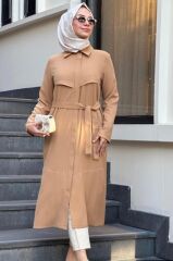 Bayan Uzun Fermuarlı Kuşaklı Yazlık Rahat Trenç 7642