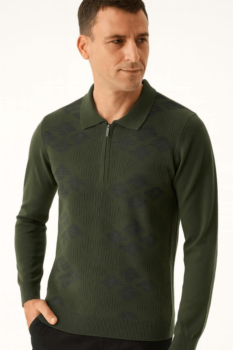 Markova Erkek Polo Yaka Triko Kazak Yarım Fermuarlı Uzun Kollu Pamuk Karışımlı Regular Fit Şık Günlük Kazak 416 HAKİ