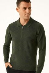 Markova Erkek Polo Yaka Triko Kazak Yarım Fermuarlı Uzun Kollu Pamuk Karışımlı Regular Fit Şık Günlük Kazak 416 HAKİ