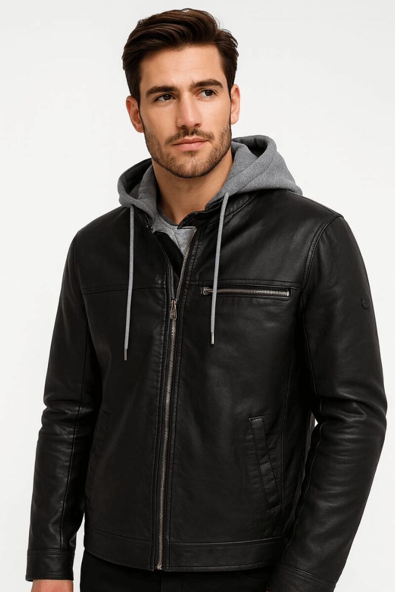 Erkek Siyah Deri Ceket Kapüşonlu Fermuarlı Uzun Kollu İçi Pamuklu İç Cepli Şık Rahat Deri Mont 94051 SİYAH