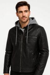 Erkek Siyah Deri Ceket Kapüşonlu Fermuarlı Uzun Kollu İçi Pamuklu İç Cepli Şık Rahat Deri Mont 94051 SİYAH