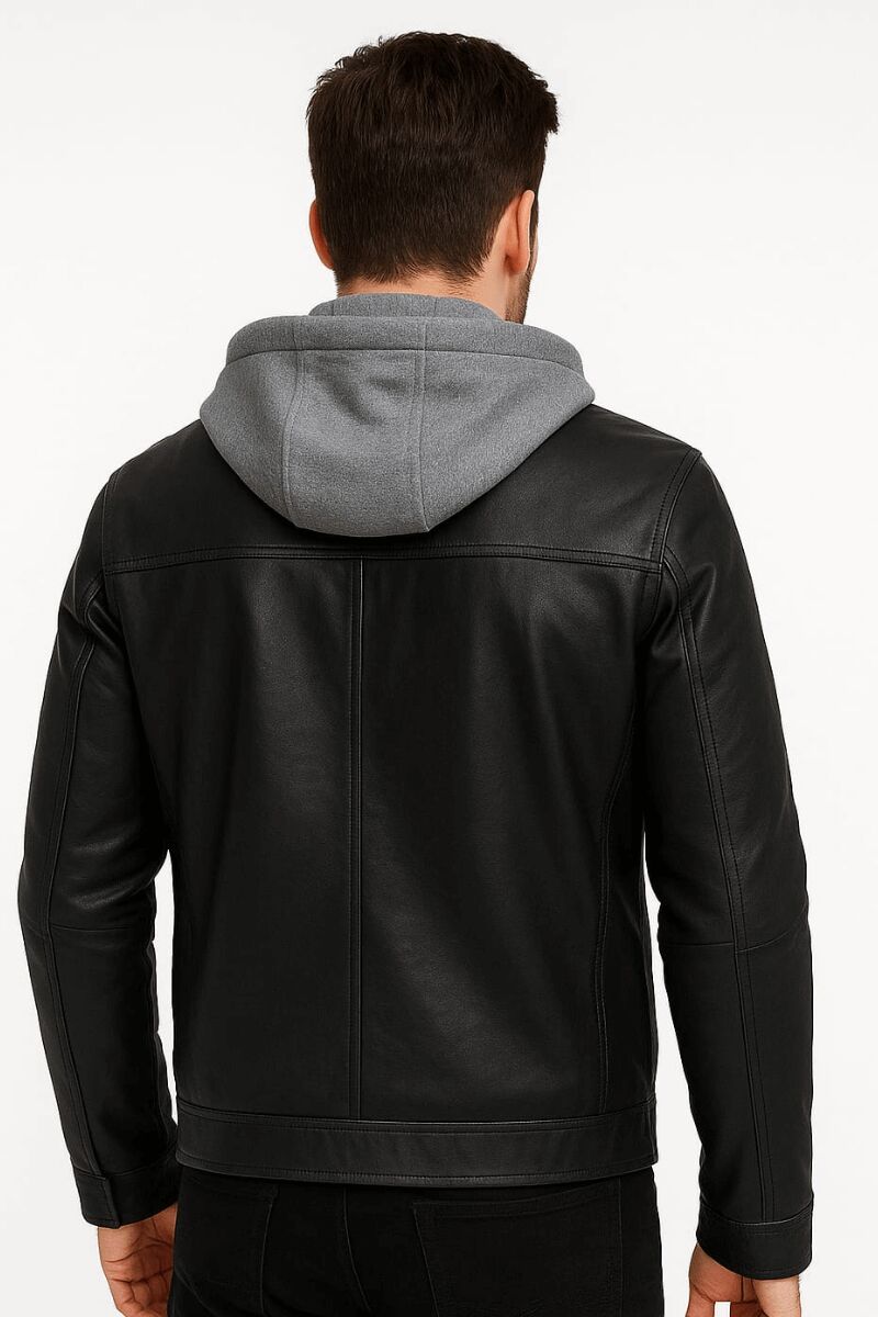 Erkek Siyah Deri Ceket Kapüşonlu Fermuarlı Uzun Kollu İçi Pamuklu İç Cepli Şık Rahat Deri Mont 94051 SİYAH