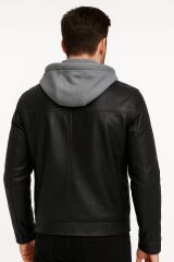 Erkek Siyah Deri Ceket Kapüşonlu Fermuarlı Uzun Kollu İçi Pamuklu İç Cepli Şık Rahat Deri Mont 94051 SİYAH
