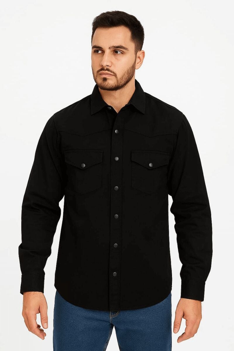 Uzun Kollu Düğmeli Çift Cepli Pamuklu Parça Boya Gömlek 96147 SİYAH