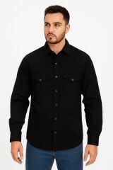 Uzun Kollu Düğmeli Çift Cepli Pamuklu Parça Boya Gömlek 96147 SİYAH