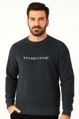 Erkek Baskılı Sweatshirt Bisiklet Yaka Uzun Kollu Dışı Polar Pamuk Karışımlı Regular Fit Kalın Sıcak Tutan Sweat 673 LACİVERT