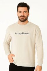 Erkek Baskılı Sweatshirt Bisiklet Yaka Uzun Kollu Dışı Polar Pamuk Karışımlı Regular Fit Kalın Sıcak Tutan Sweat 673 BEJ