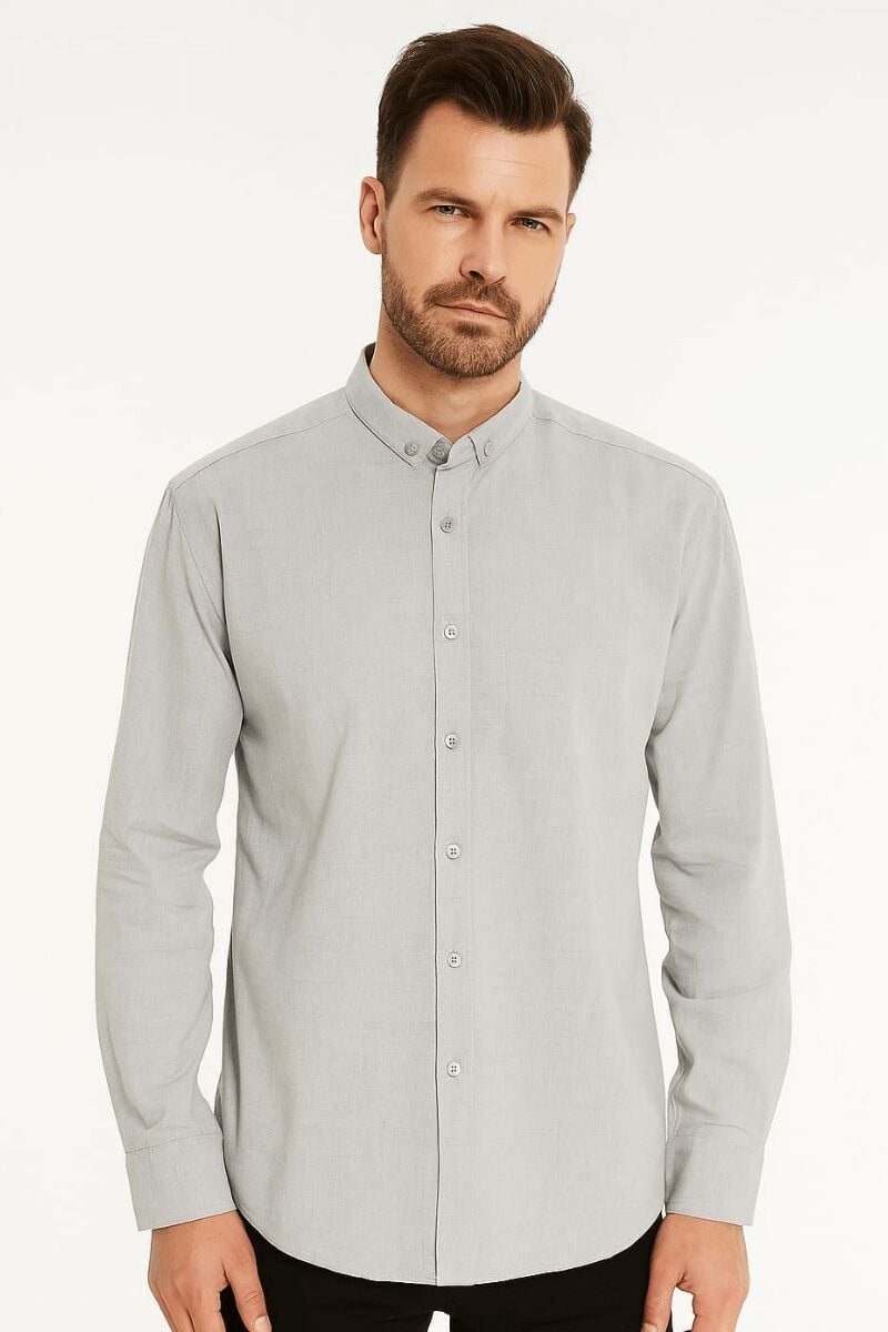 Uzun Kollu Kılasik Yaka Düğmeli Pamuk Regulear Kesim Rahat Erkek Düz Gömlek 96133 GRİ